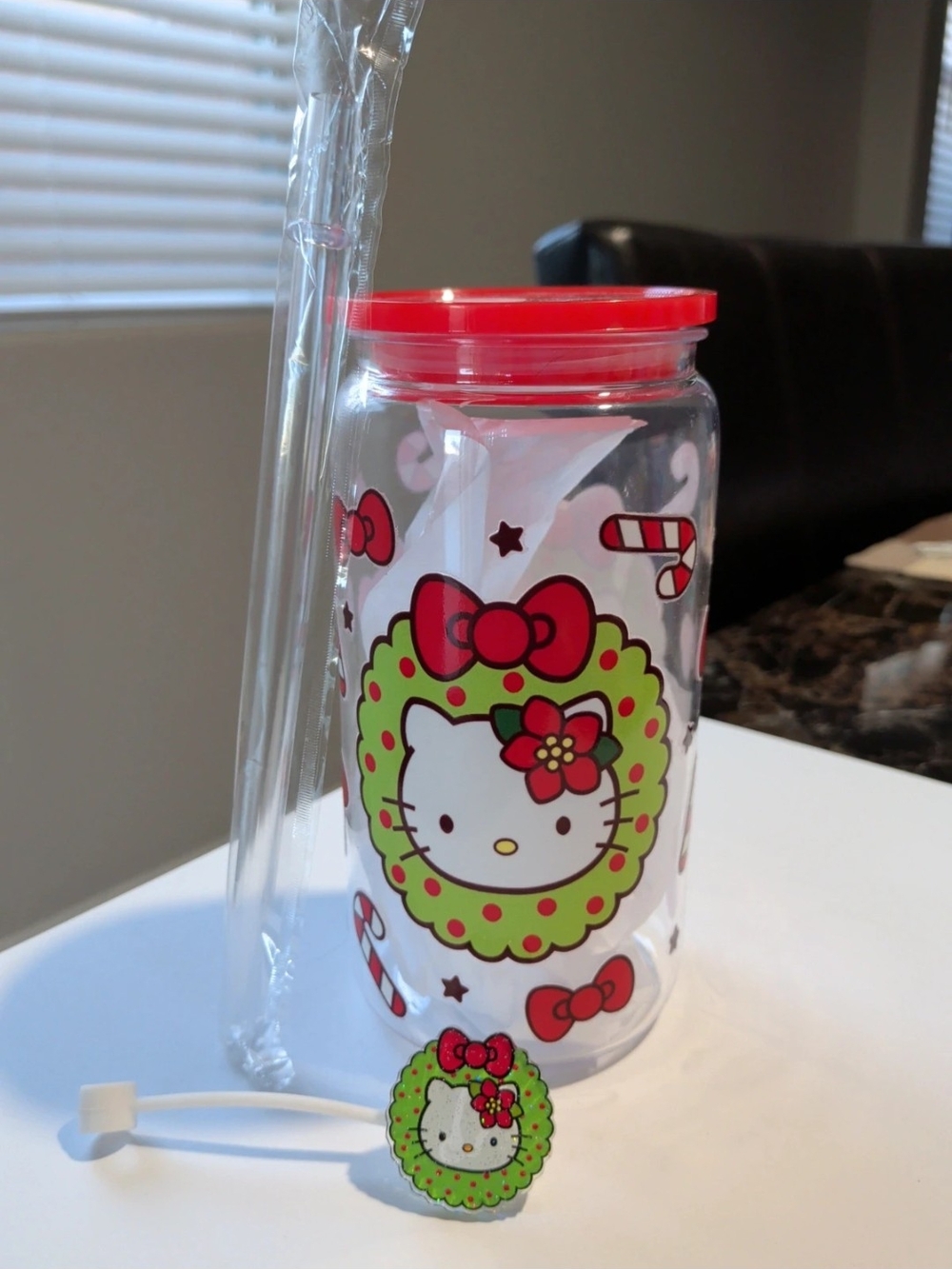 Hello Kitty Red and Green Plastic Holiday Drink Tumbler with Straw & Charm